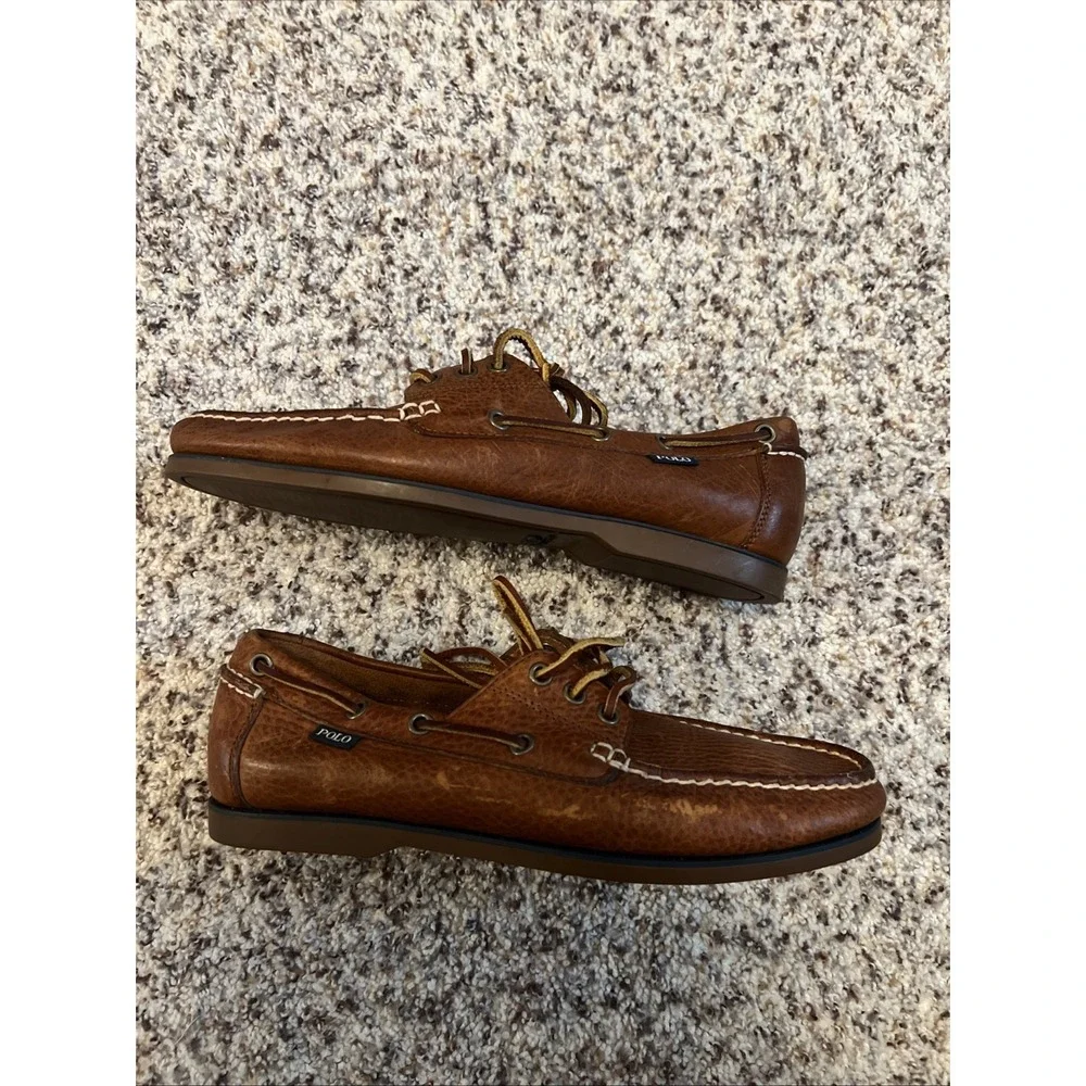 Polo‎ Ralph Lauren New Bienne Tan Leather Boat Shoe Loafer Size 8.5 Lace Up